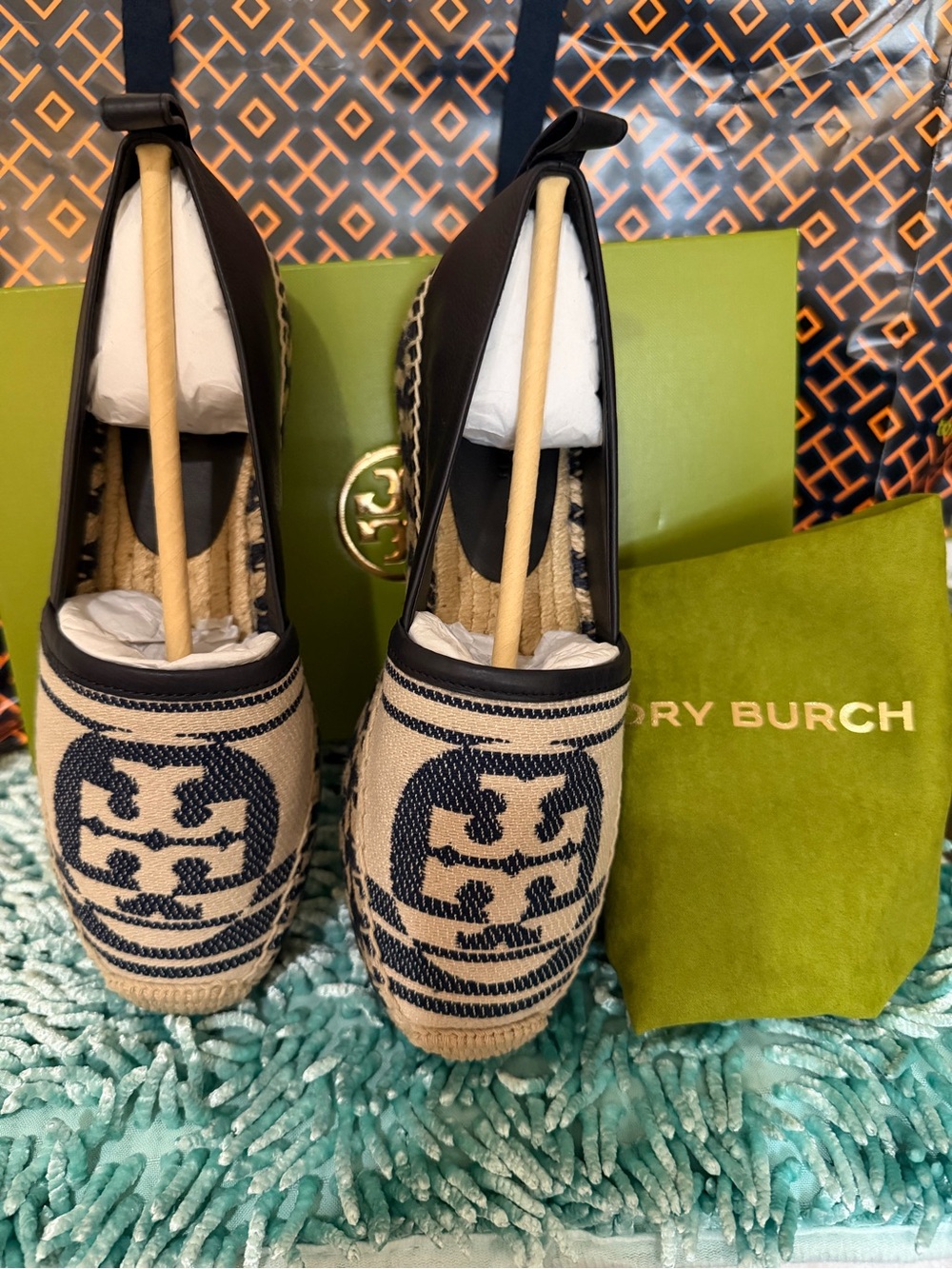 Authentic Tory Burch Espadrille Jacquard/Nappa Leather Size 6 Brand New Navy